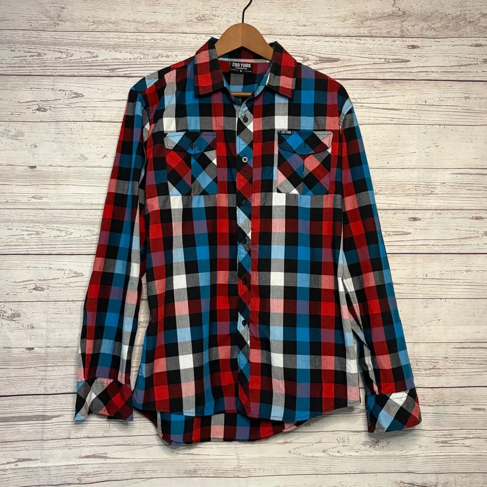 Zoo York Mens Plaid Button Down Shirt Long Sleeve Red Blue‎ Black Large